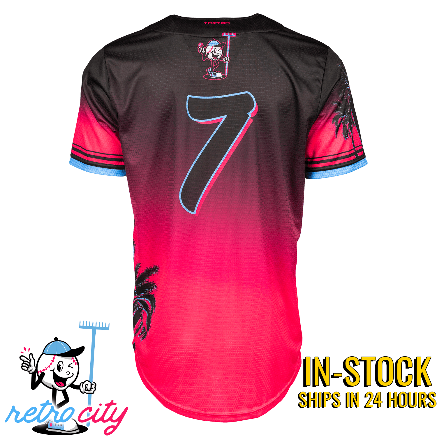 Black to hot pink gradient baseball jersey with neon blue and pink number 7 on back, striped sleeve trim, and Daddy Seamhead mascot graphic with rake design.
