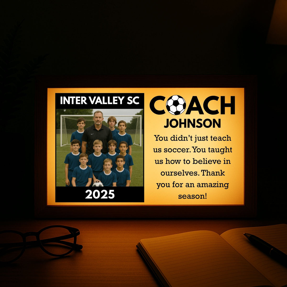 Personalized soccer coach light box in a wood frame with a backlit custom team photo, team name, year, and message, a glowing keepsake for a coach