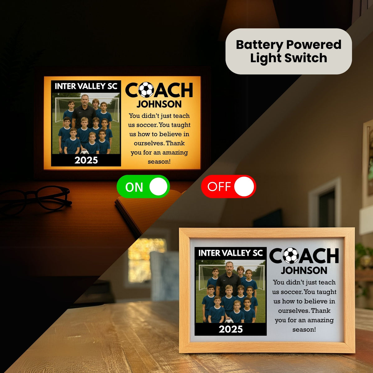 Personalized soccer coach light box in a wood frame with a backlit custom team photo, team name, year, and message, a glowing keepsake for a coach