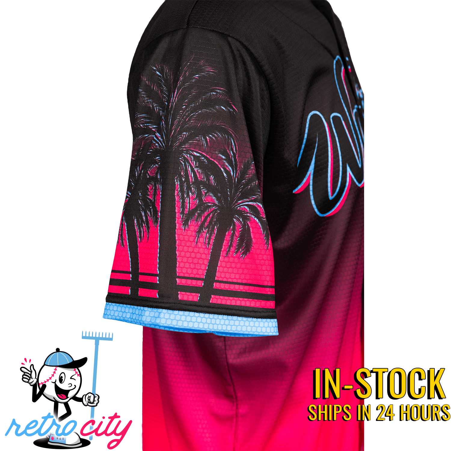Black baseball jersey with neon pink palm tree graphic, horizontal stripes, and blue trim on sleeves, shown from side angle displaying gradient fade to magenta lower body.