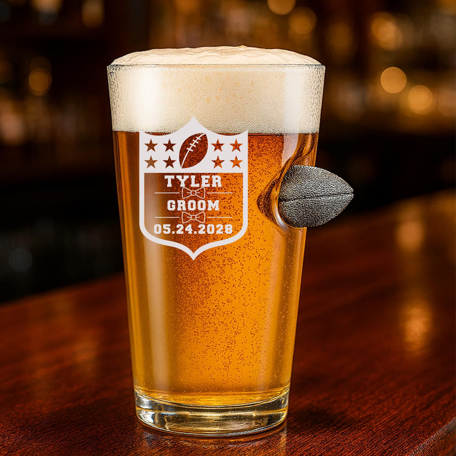 Groomsmen Football Draft Pint Glass with metal football accent and personalized engraving