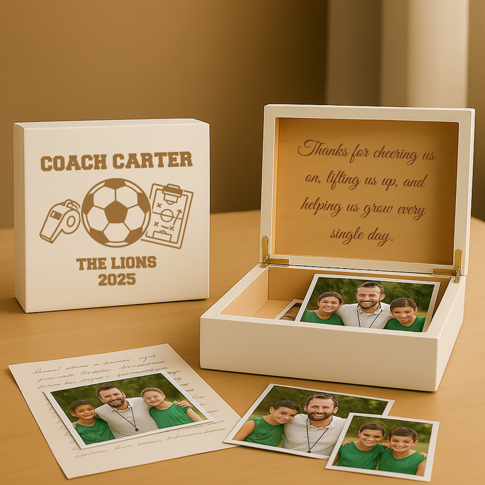 Wooden keepsake box engraved with "Coach Carter" and soccer graphics, shown open displaying personalized message and photo compartments with sample team photos
