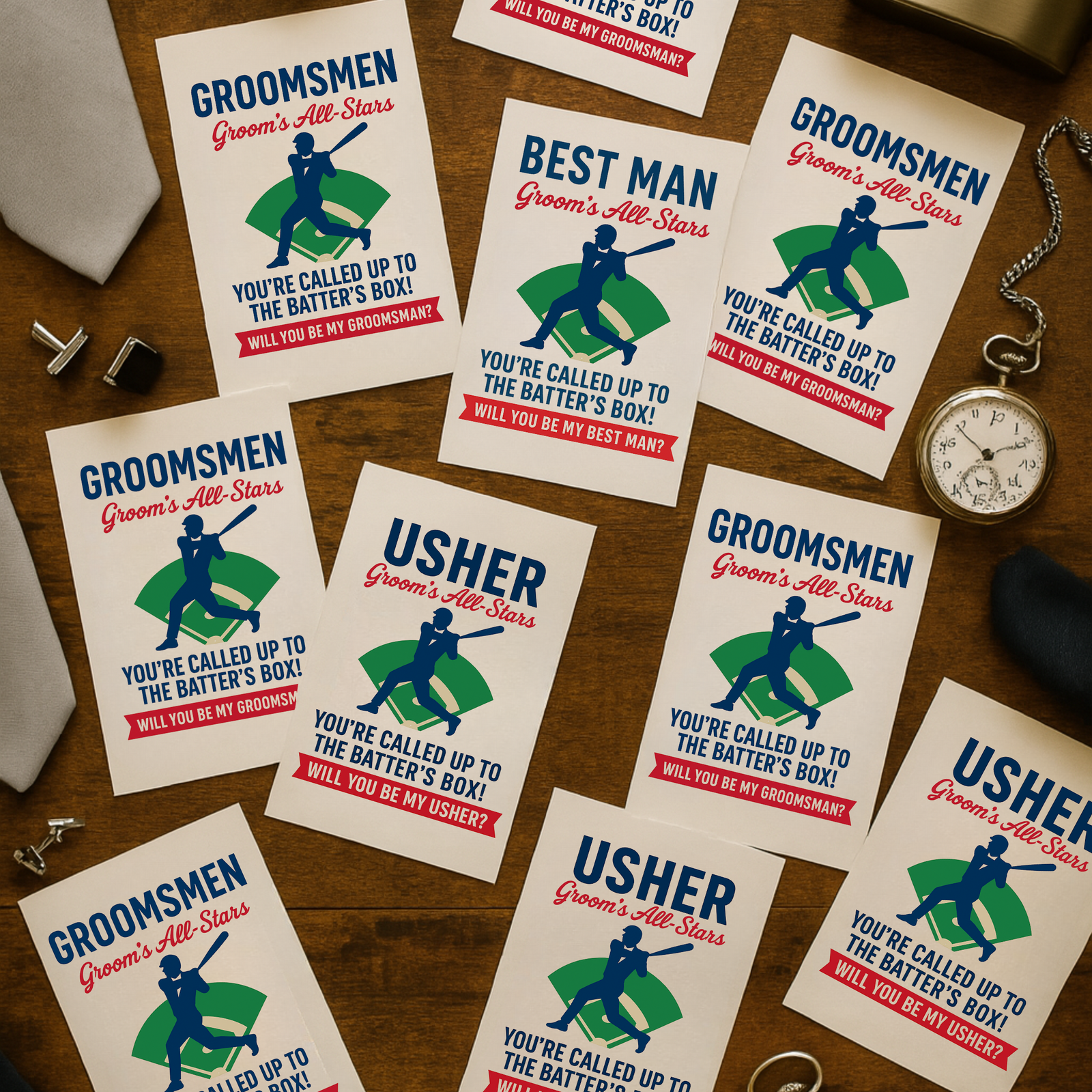 Batter Up Groomsmen Proposal Card personalized with name and wedding date