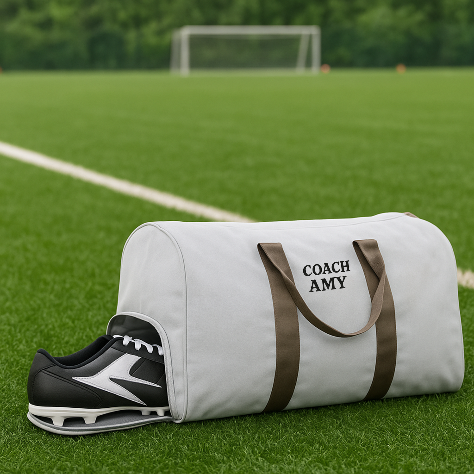 Personalized soccer coach travel bag in durable polyester with a dedicated shoe compartment and detachable shoulder strap, embroidered with custom initials