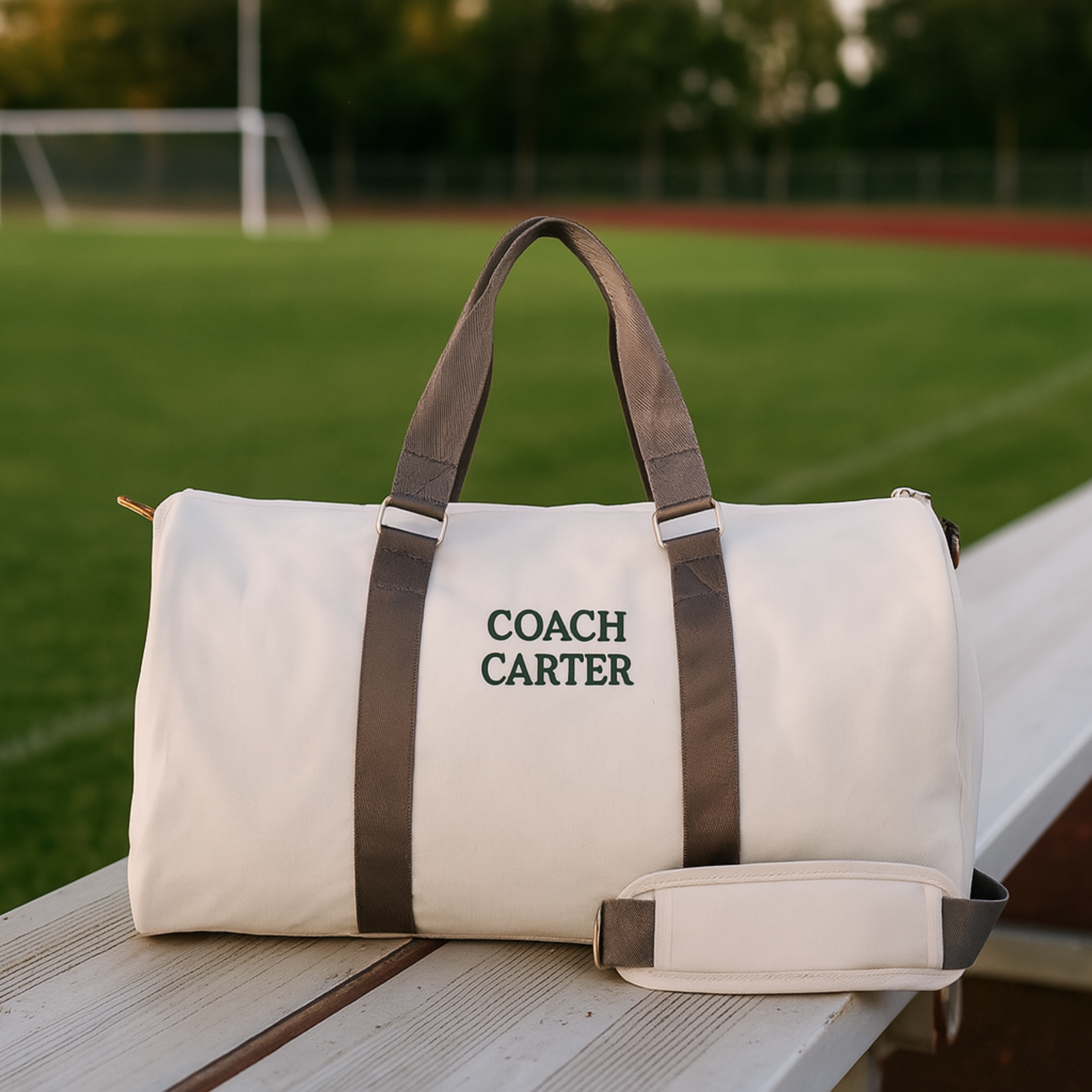 Personalized soccer coach travel bag in durable polyester with a dedicated shoe compartment and detachable shoulder strap, embroidered with custom initials
