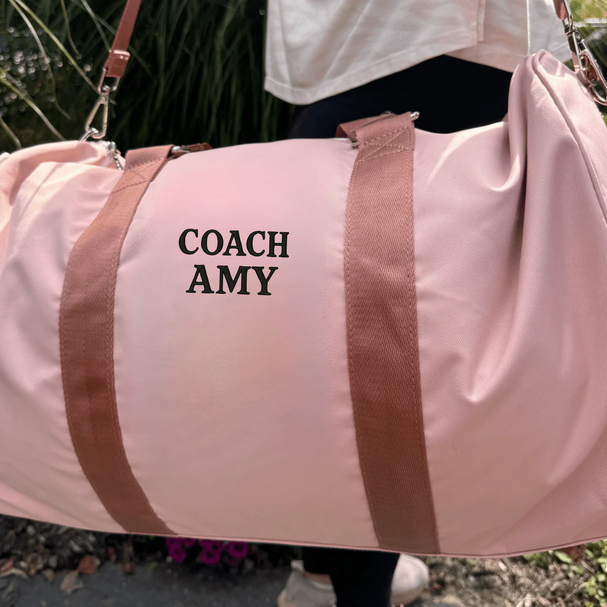 Personalized soccer coach travel bag in durable polyester with a dedicated shoe compartment and detachable shoulder strap, embroidered with custom initials