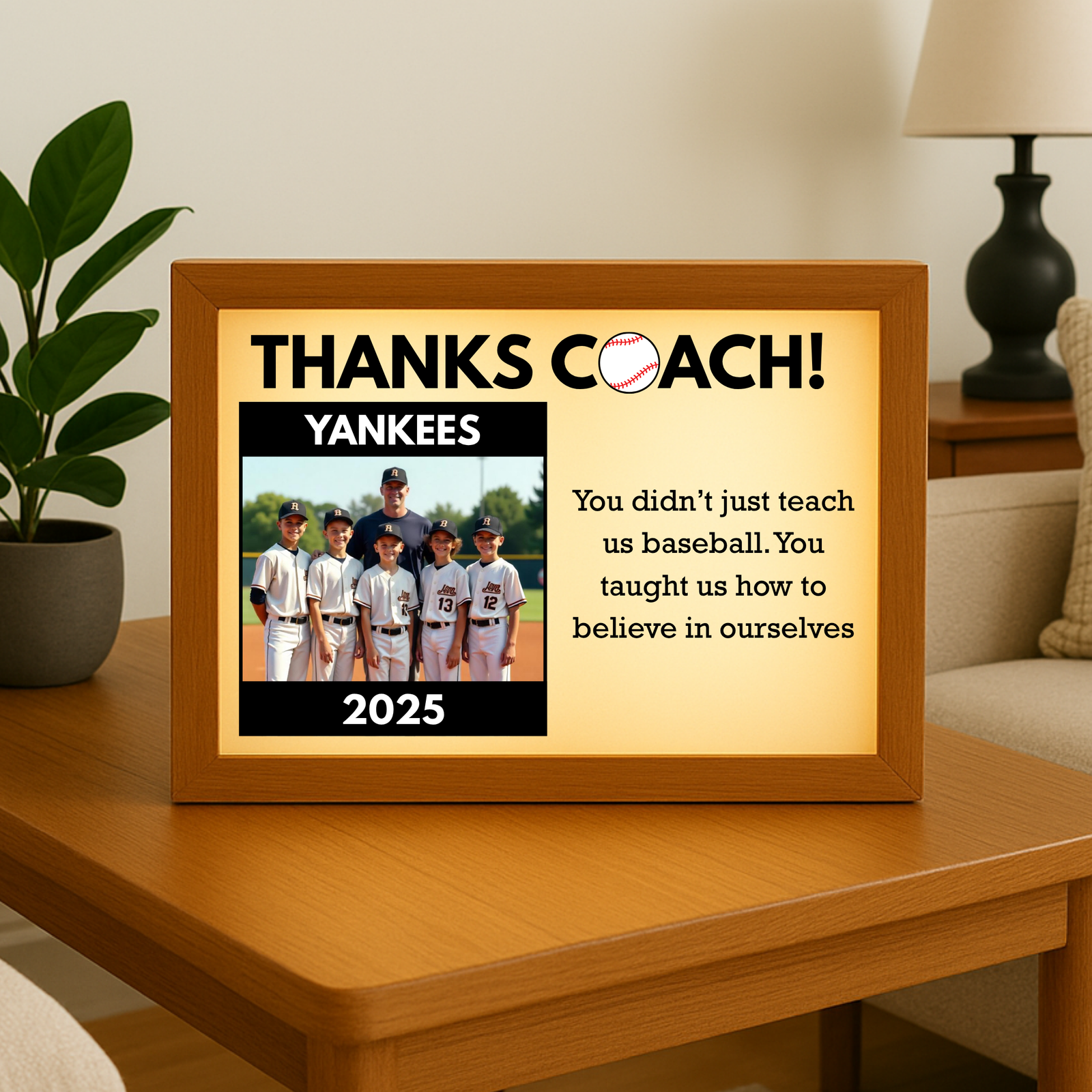 Personalized baseball coach thank you light-up photo frame with custom team picture and quote