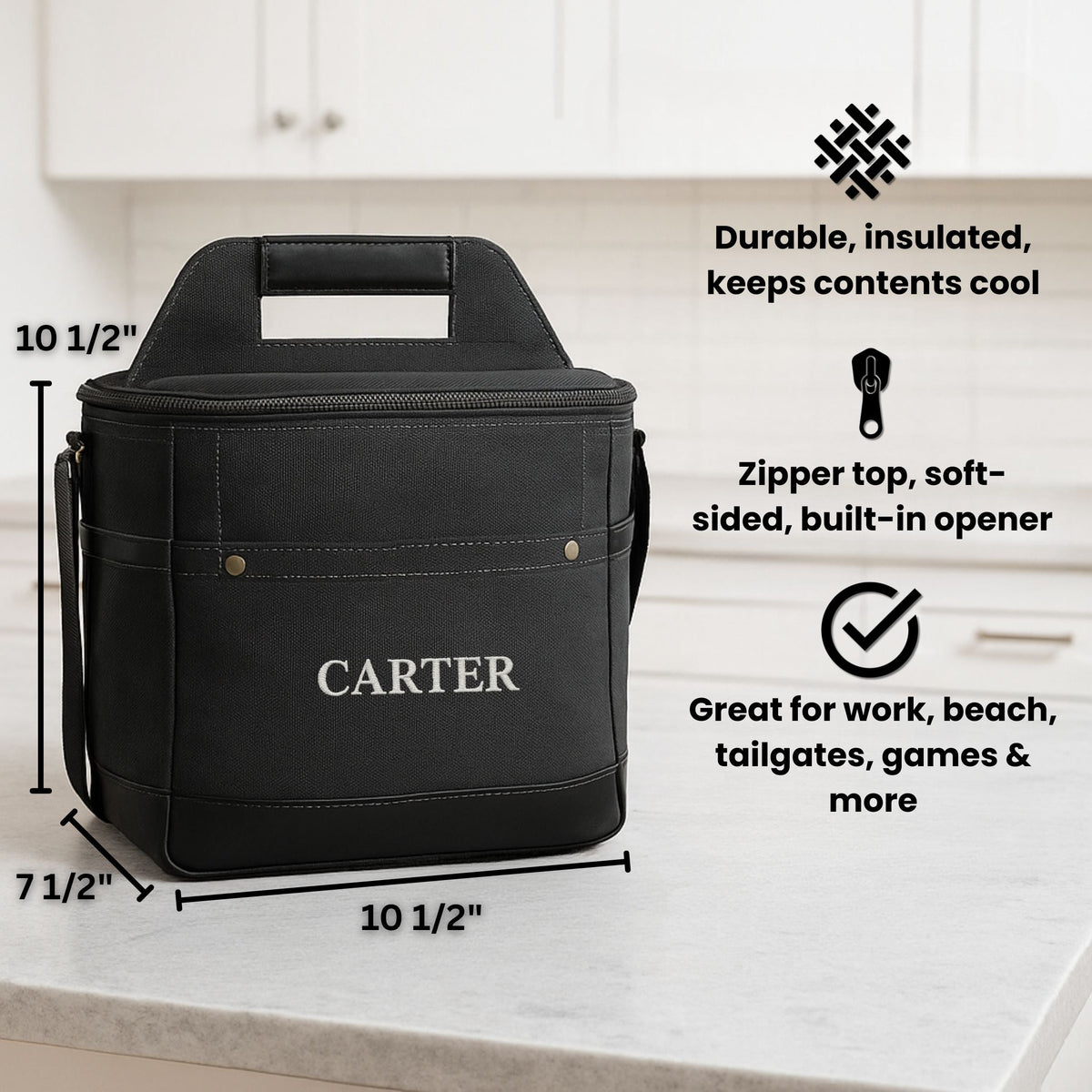 Personalized soccer coach cooler, an insulated soft-sided bag embroidered with the coach's name and a soccer design, with a built-in bottle opener