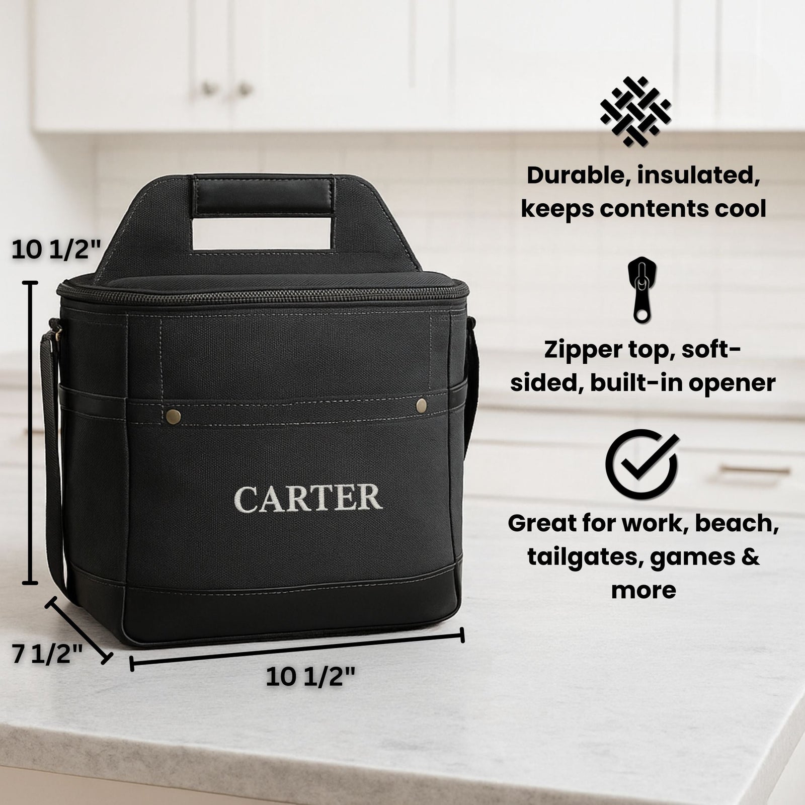 Personalized soccer coach cooler, an insulated soft-sided bag embroidered with the coach's name and a soccer design, with a built-in bottle opener