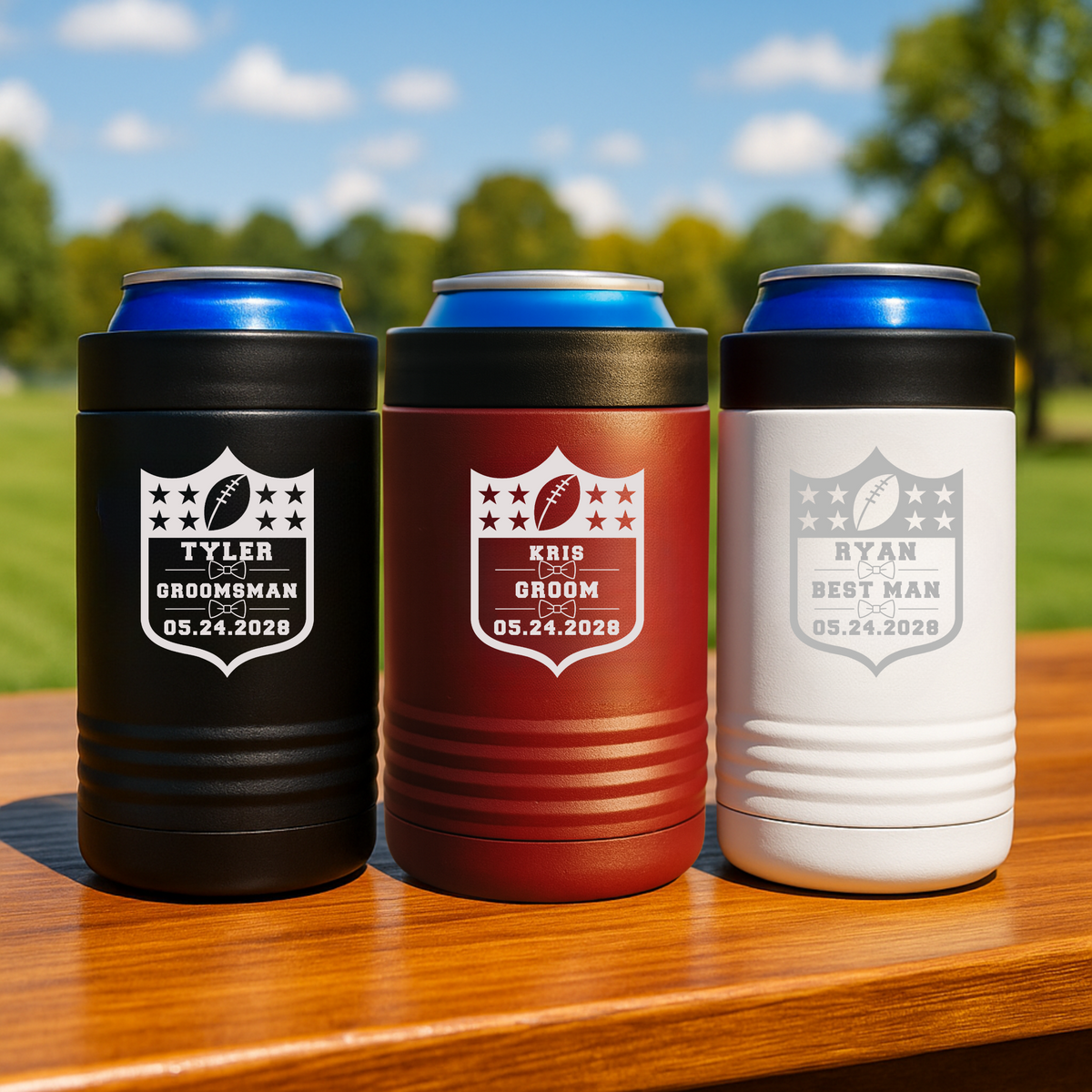 Groomsmen Football Can Cooler shown in black, red, and white color options
