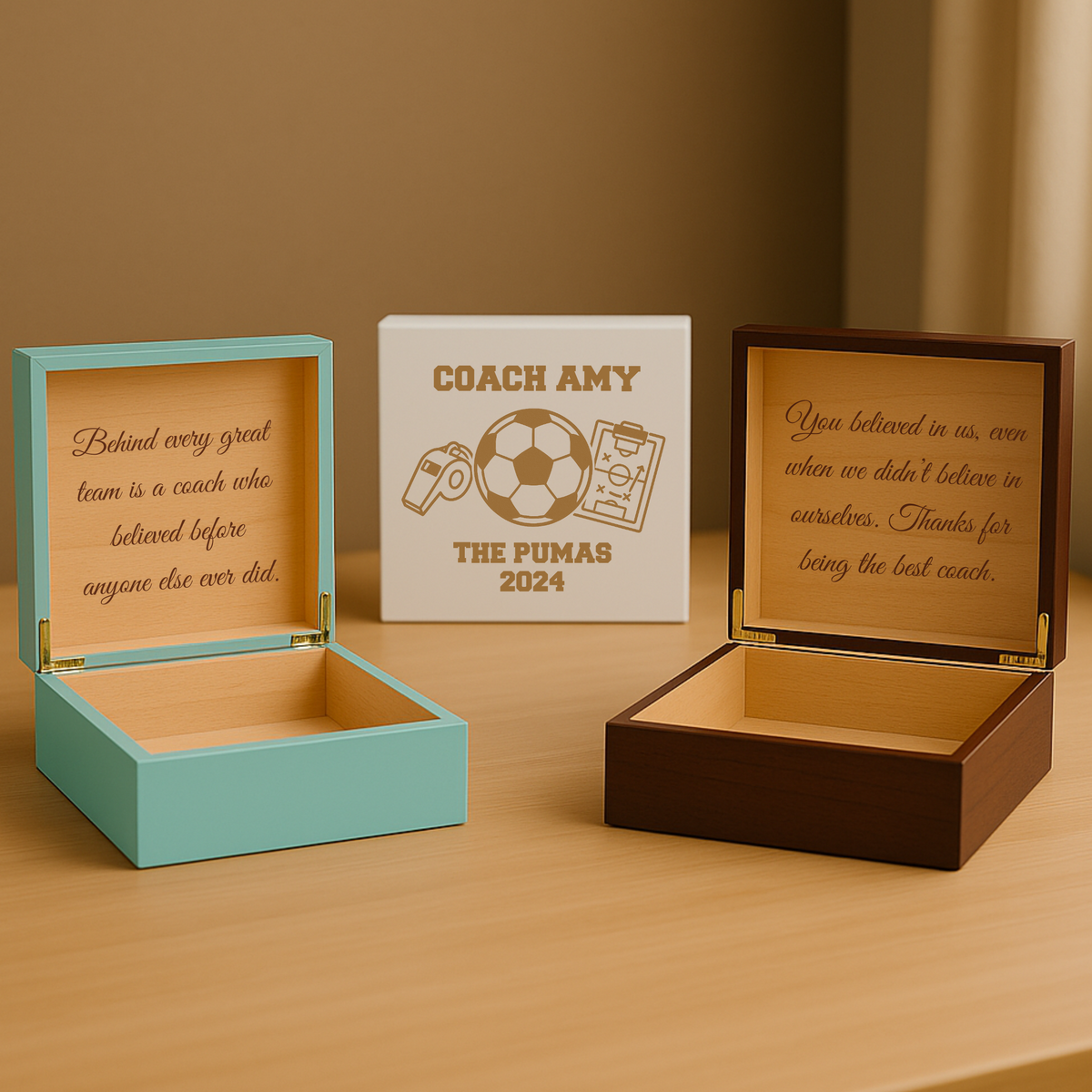 Three personalized wooden keepsake boxes displayed open: turquoise box engraved with motivational coaching quote, white box customized with "Coach Amy, The Pumas 2024" and soccer g