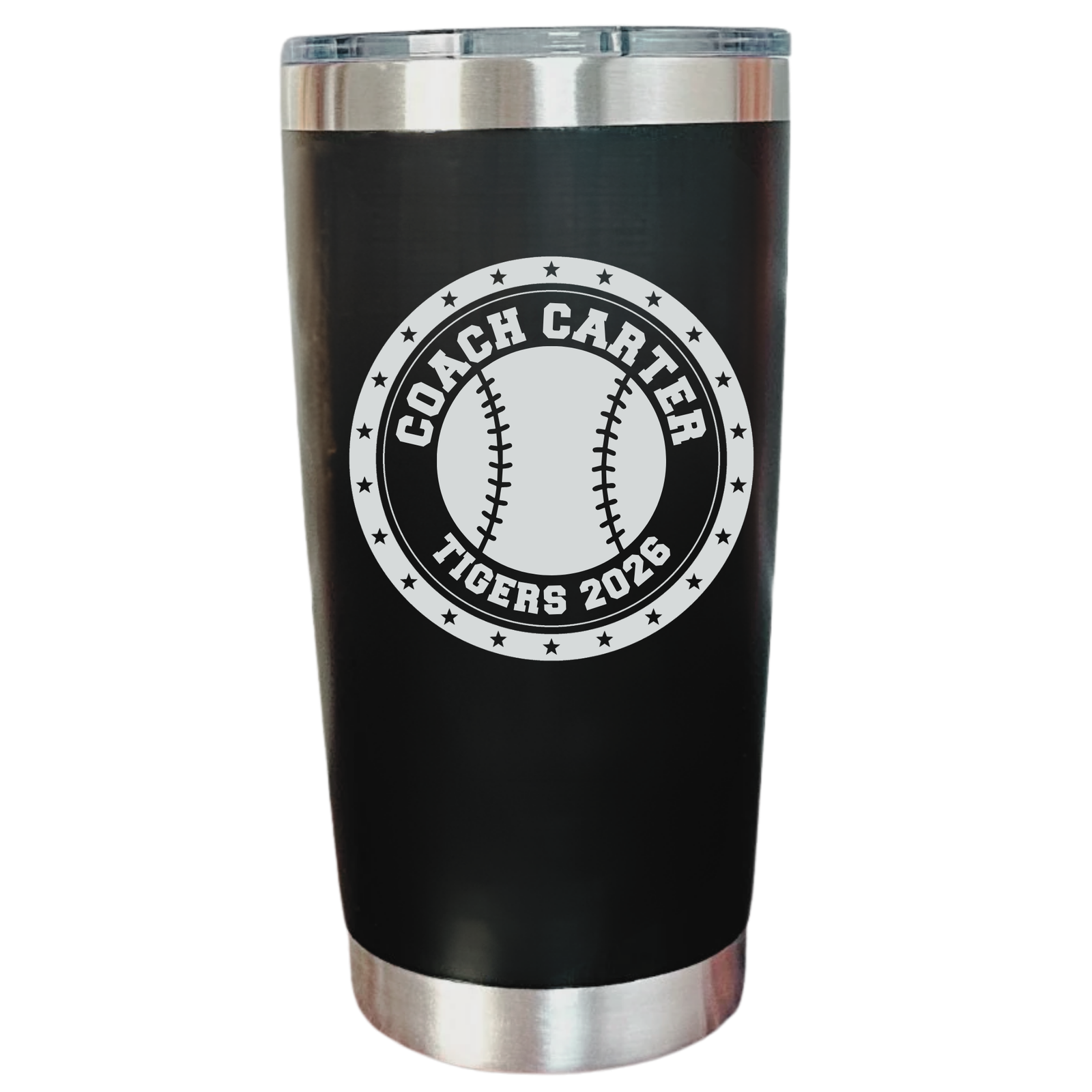 Black baseball coach tumbler laser engraved with COACH CARTER and TIGERS 2026 on a baseball crest, a personalized coach gift