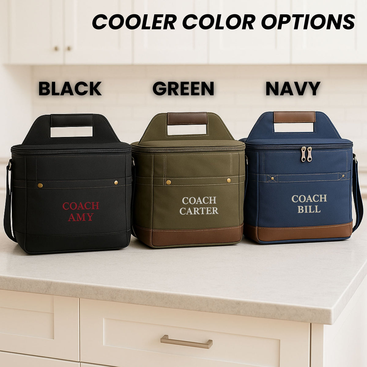 Personalized soccer coach cooler, an insulated soft-sided bag embroidered with the coach's name and a soccer design, with a built-in bottle opener