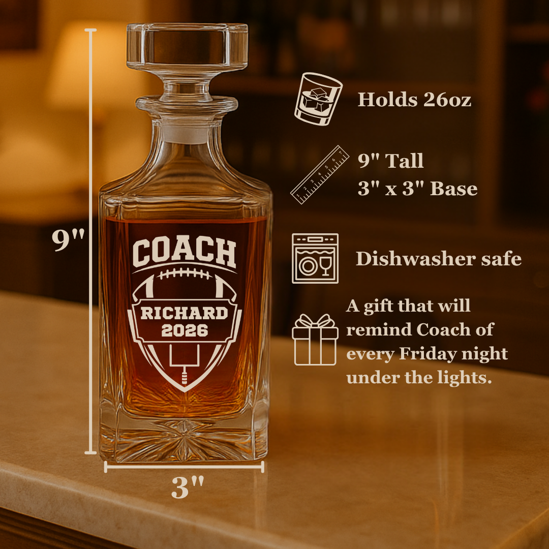 The Hall of Fame Coach Decanter Set shown as personalized coach appreciation gift idea with custom name or team engraving