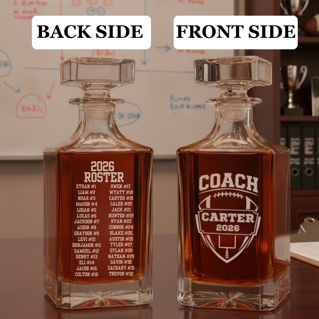 The Hall of Fame Coach Decanter Set shown as personalized coach appreciation gift idea with custom name or team engraving