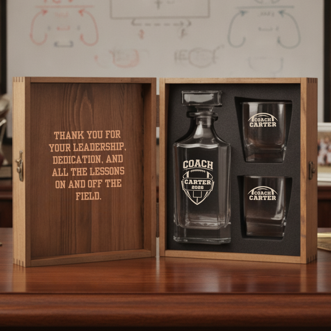 The Hall of Fame Coach Decanter Set personalized gift for soccer or football player coach senior night custom engraved