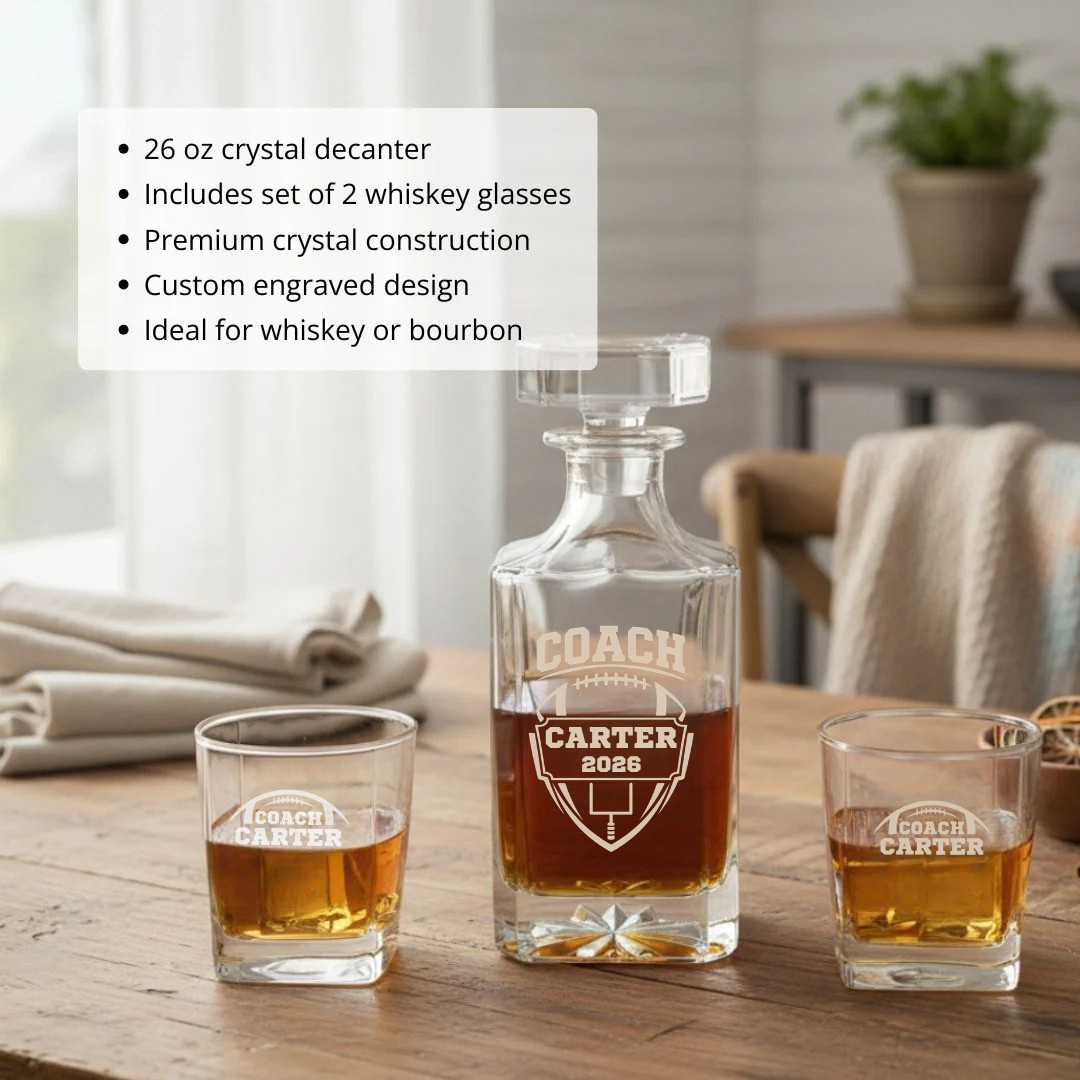 The Hall of Fame Coach Decanter Set shown as personalized coach appreciation gift idea with custom name or team engraving