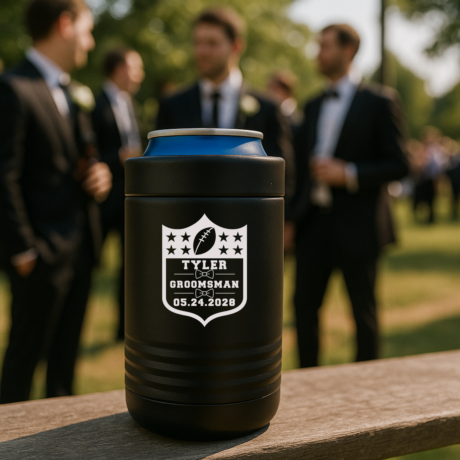 Groomsmen Football Can Cooler engraved with football shield design and personalized name