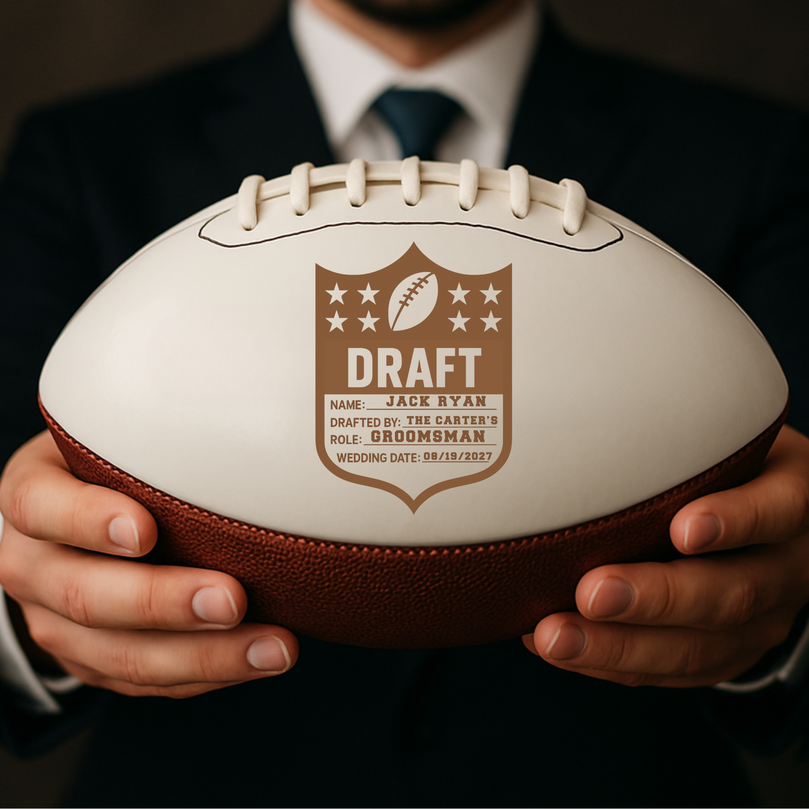 Football Groomsmen Proposal engraved like a draft pick with name and role