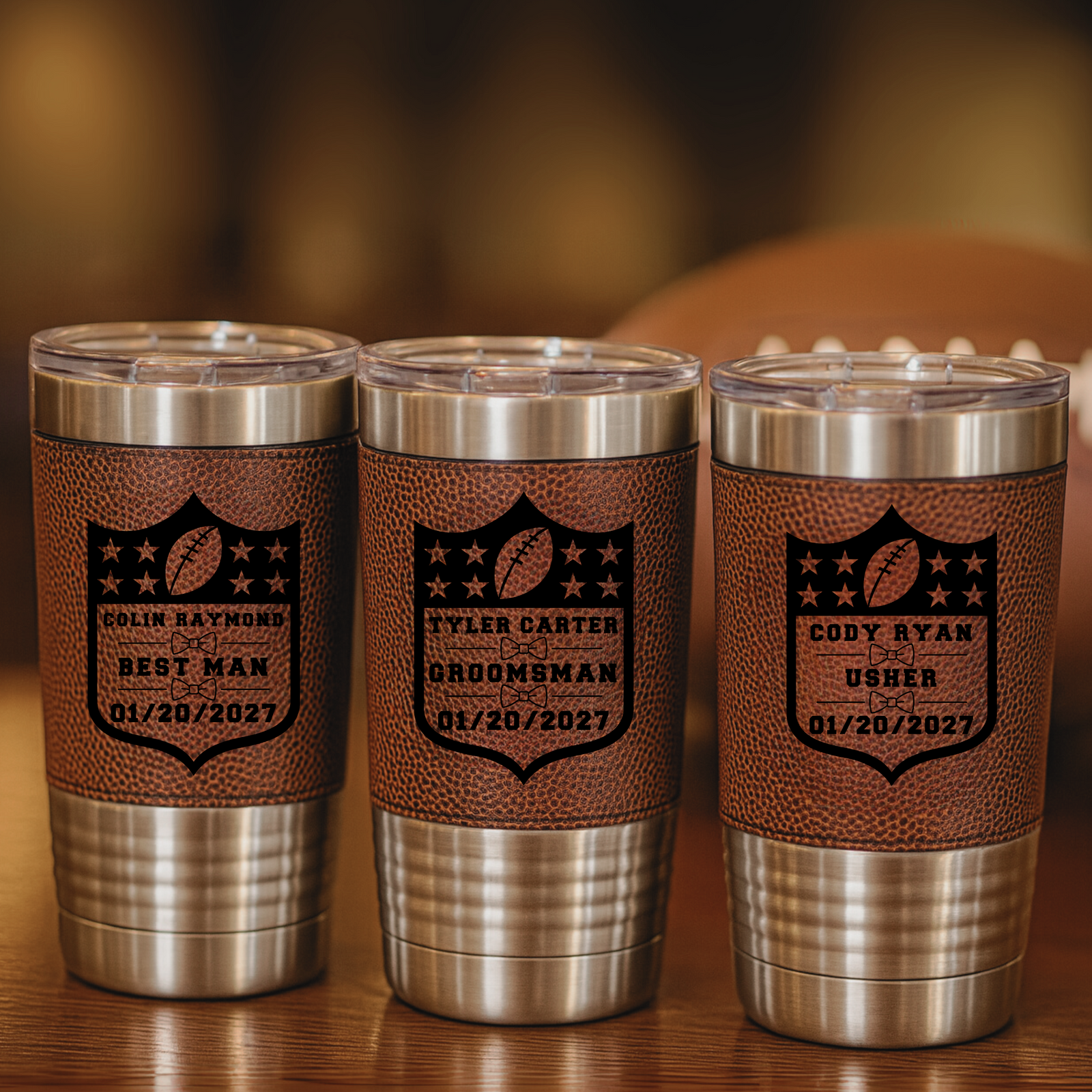 Personalized Groomsman Football Tumbler wrapped in football-grain faux leather with engraving