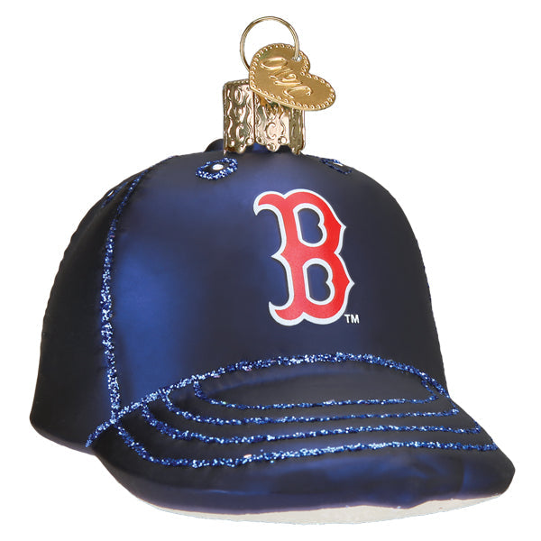 Navy baseball cap ornament with red "B" logo and glittery blue bill trim, topped with brass baseball player finial