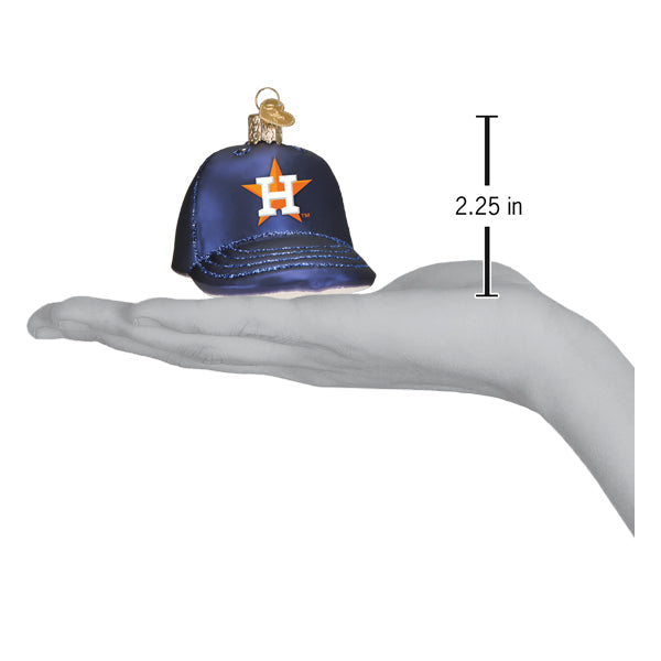 Size reference of the Astros cap ornament resting on an illustrated hand with a 2.25-inch height measurement marker