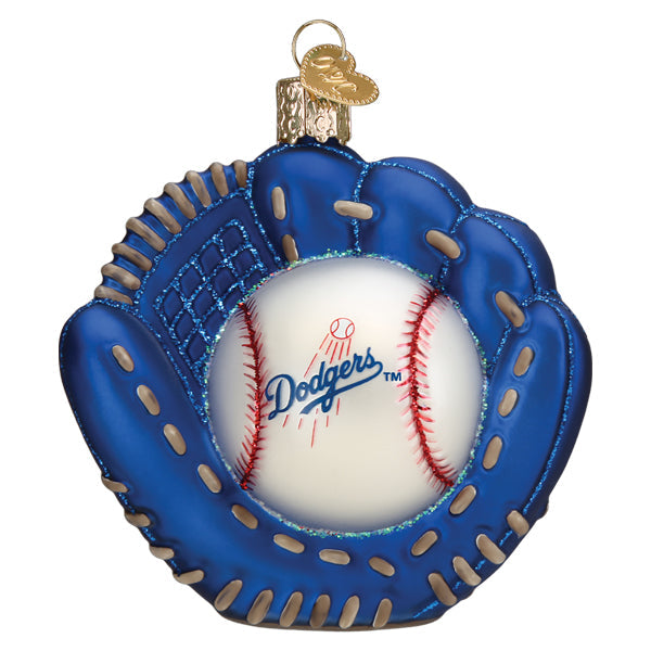 Blue baseball mitt ornament with white ball featuring red stitching and Dodgers logo, gold metal loop hanger and brass cap on top