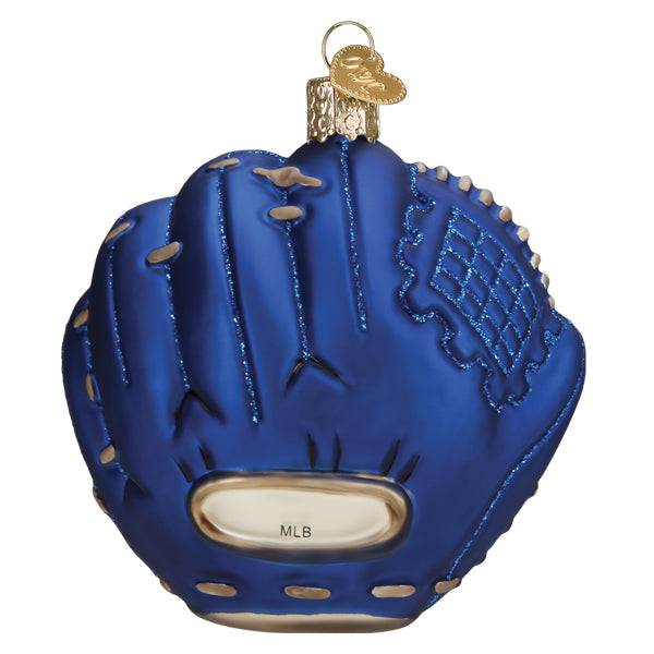 Royal blue baseball mitt ornament with tan stitching and laces, featuring "MLB" engraved on the palm patch and brass hanging loop