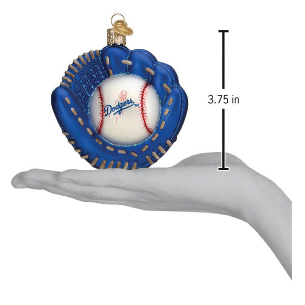 Blue baseball mitt ornament with white ball and red stitching featuring Dodgers logo, shown at 3.75 inches tall on a neutral hand for scale