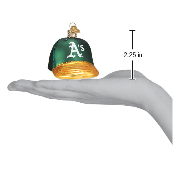 Size reference of the Athletics cap ornament resting on an illustrated hand with a 2.25-inch height measurement marker