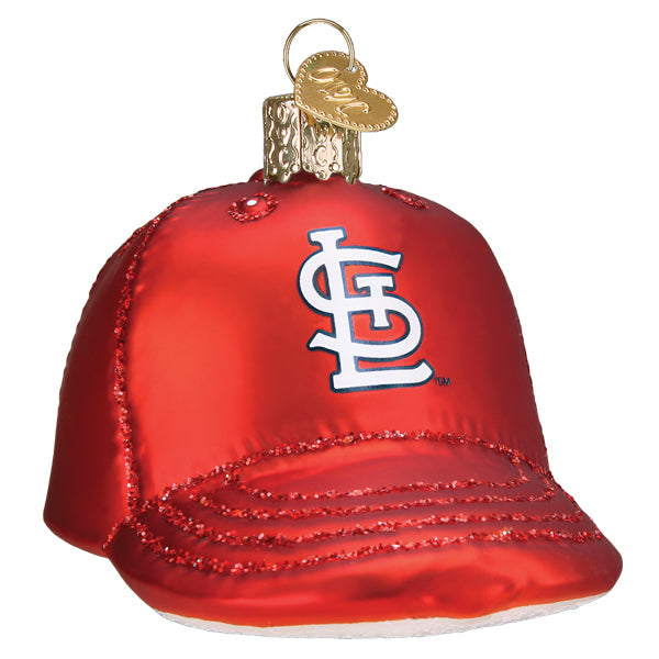 Red glass baseball cap ornament with St. Louis Cardinals logo, beaded trim detail, and brass baseball cap topper.