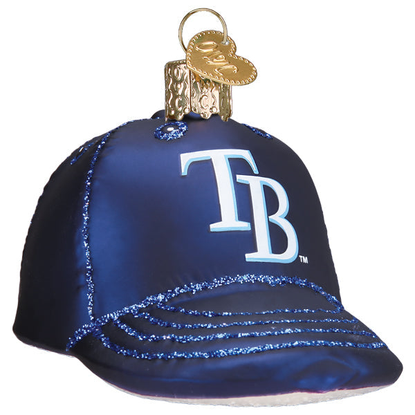 Rays baseball cap ornament with royal blue crown, black brim, white team logo, and glittery blue accent stripe detail with gold metal hanger