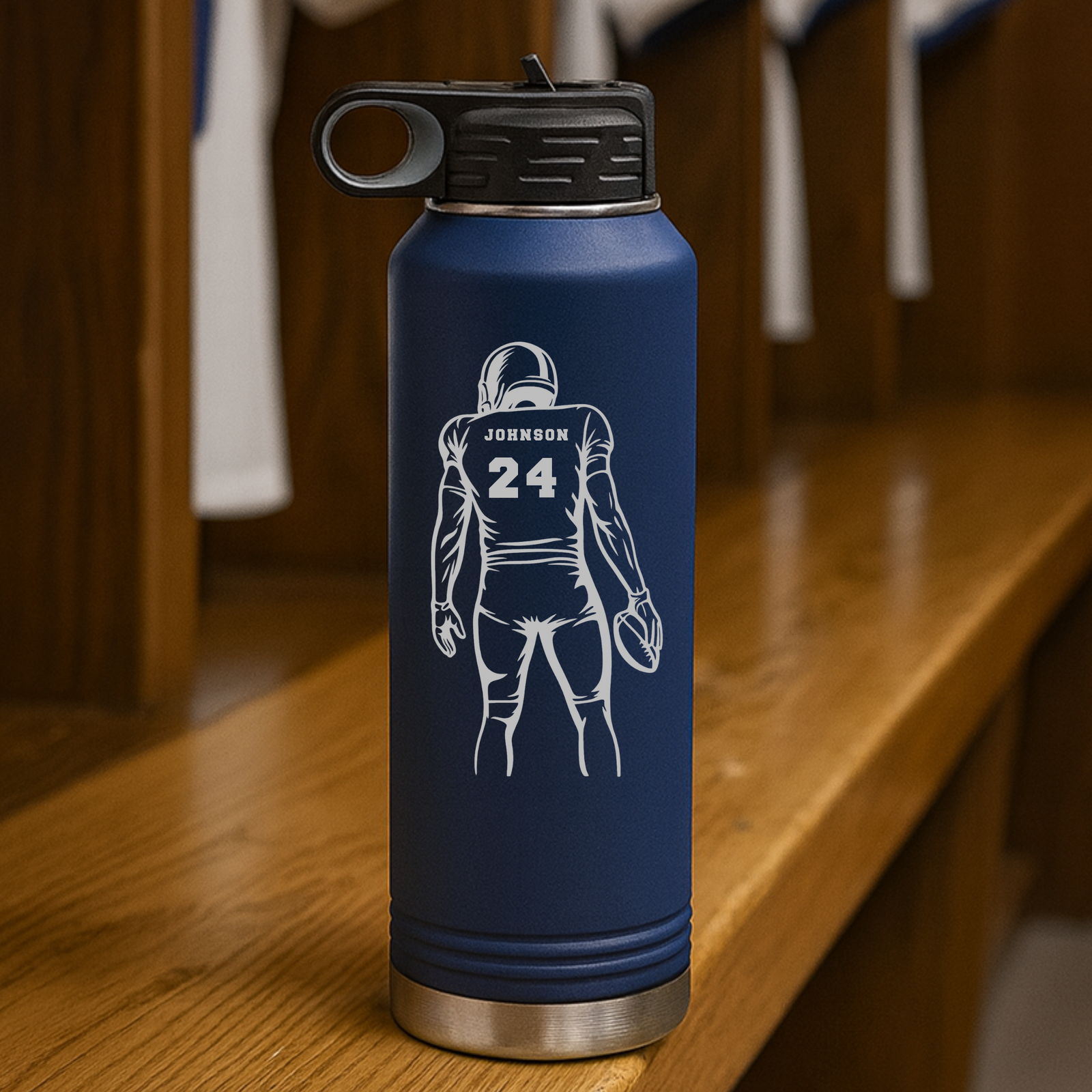 Personalized football player water bottle, a 32oz insulated stainless steel bottle engraved with his name and number in a bold football player design