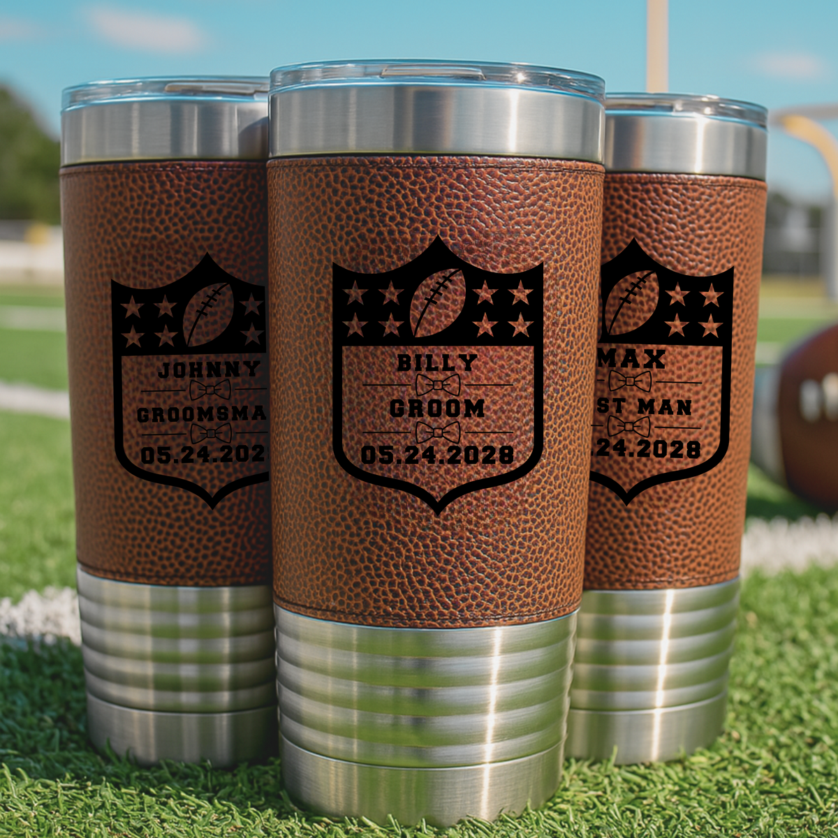 Personalized Groomsman Football Tumbler detail showing name and role engraving