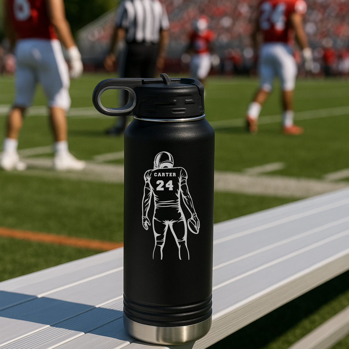 Personalized football player water bottle, a 32oz insulated stainless steel bottle engraved with his name and number in a bold football player design