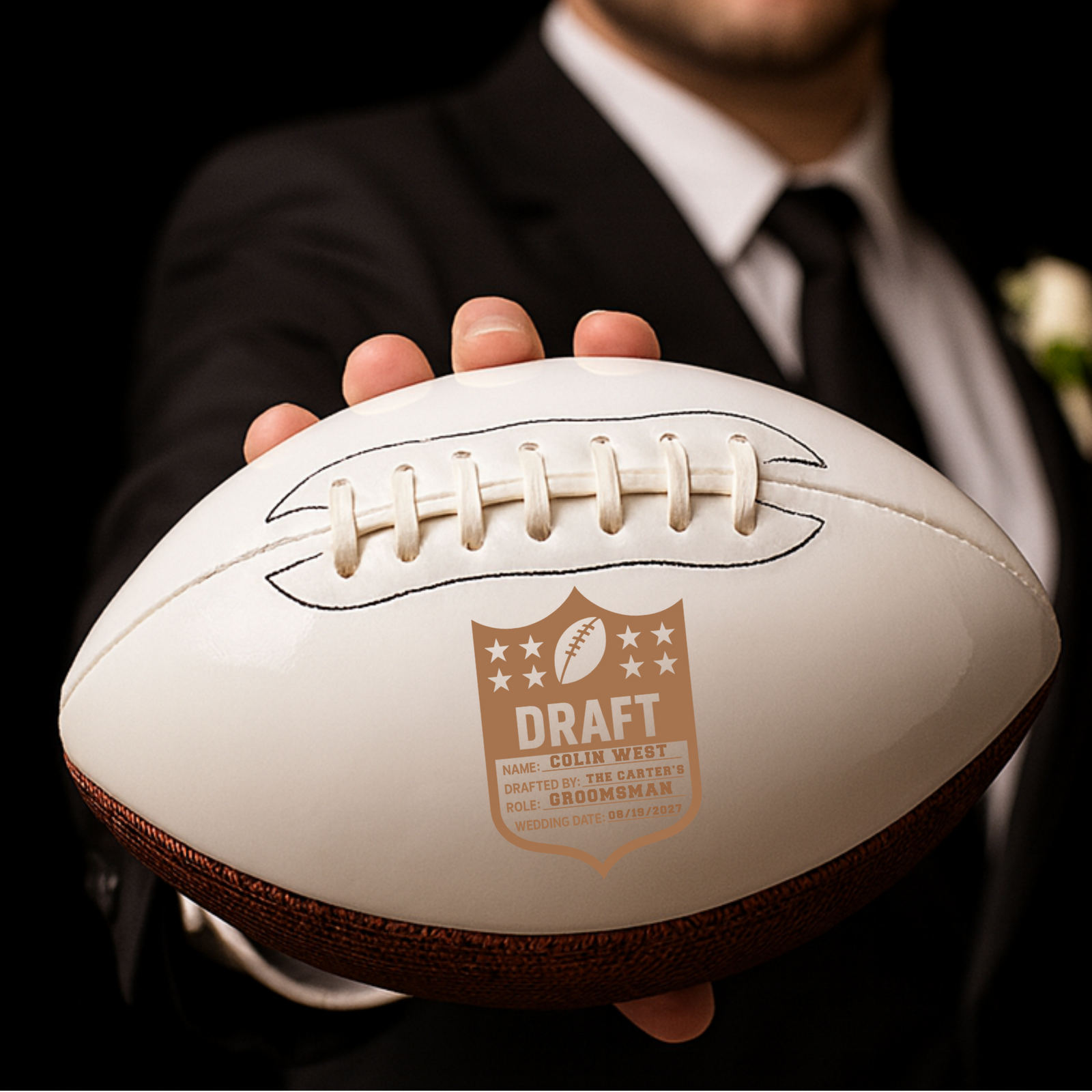 Football Groomsmen Proposal ball detail showing personalized engraving