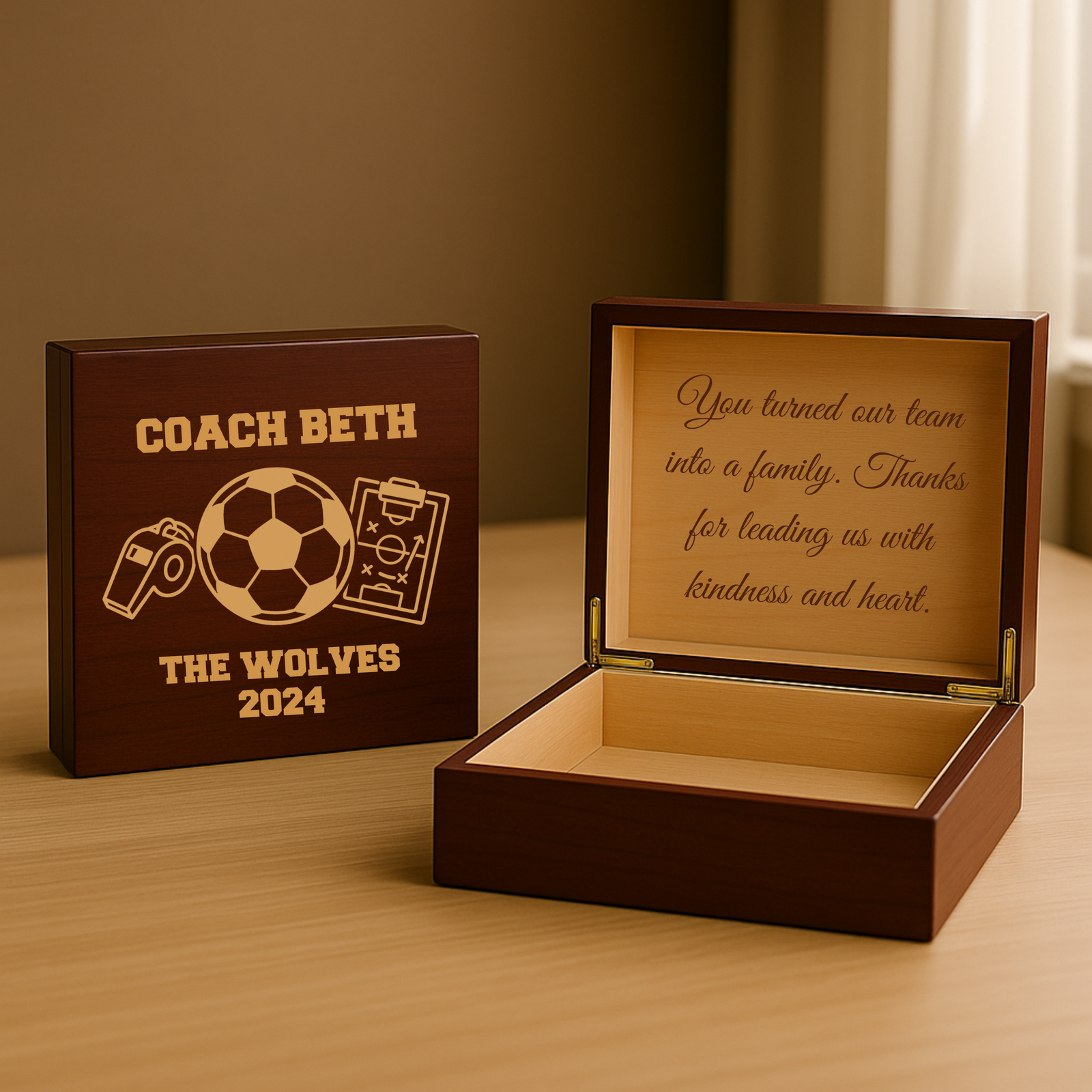 Dark wood keepsake box with engraved sample text "You turned our team into a family. Thanks for leading us with kindness and heart" on interior lid, shown open and closed displayin