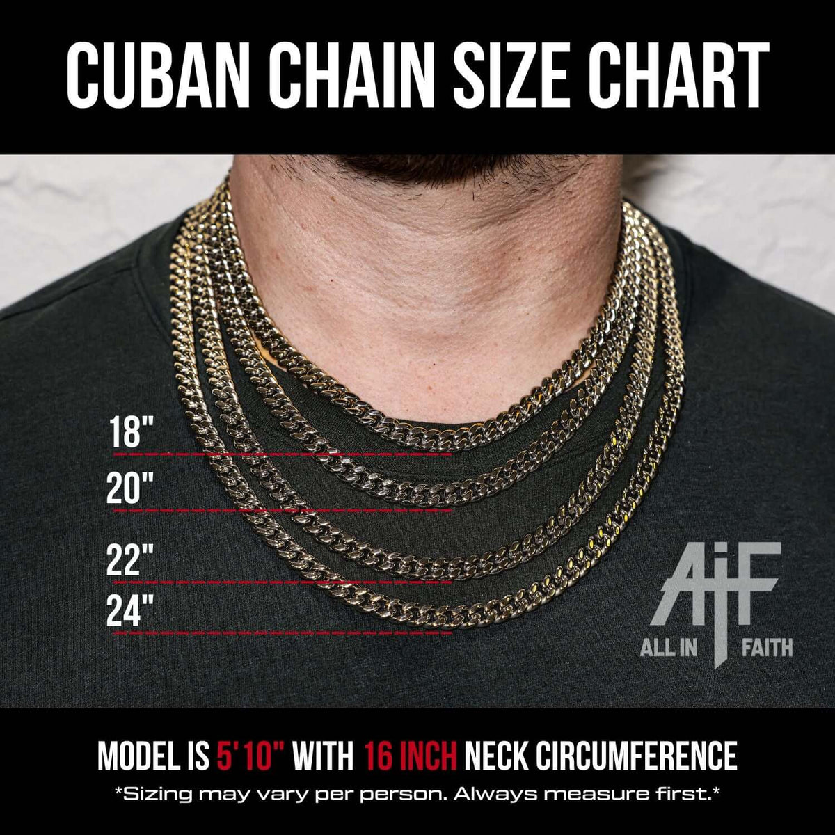 Cuban chain size chart on a model showing 18, 20, 22, and 24-inch chain lengths with guide lines for neck placement