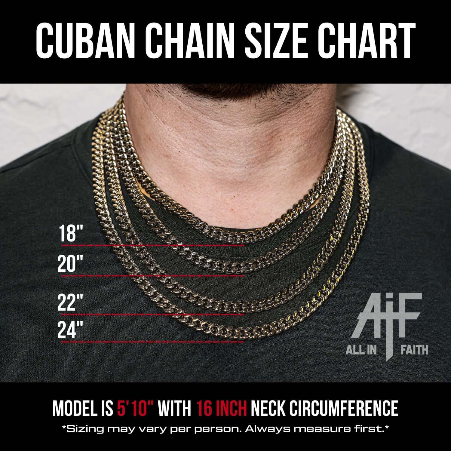 Cuban chain size chart on a model showing 18, 20, 22, and 24-inch chain lengths with guide lines for neck placement
