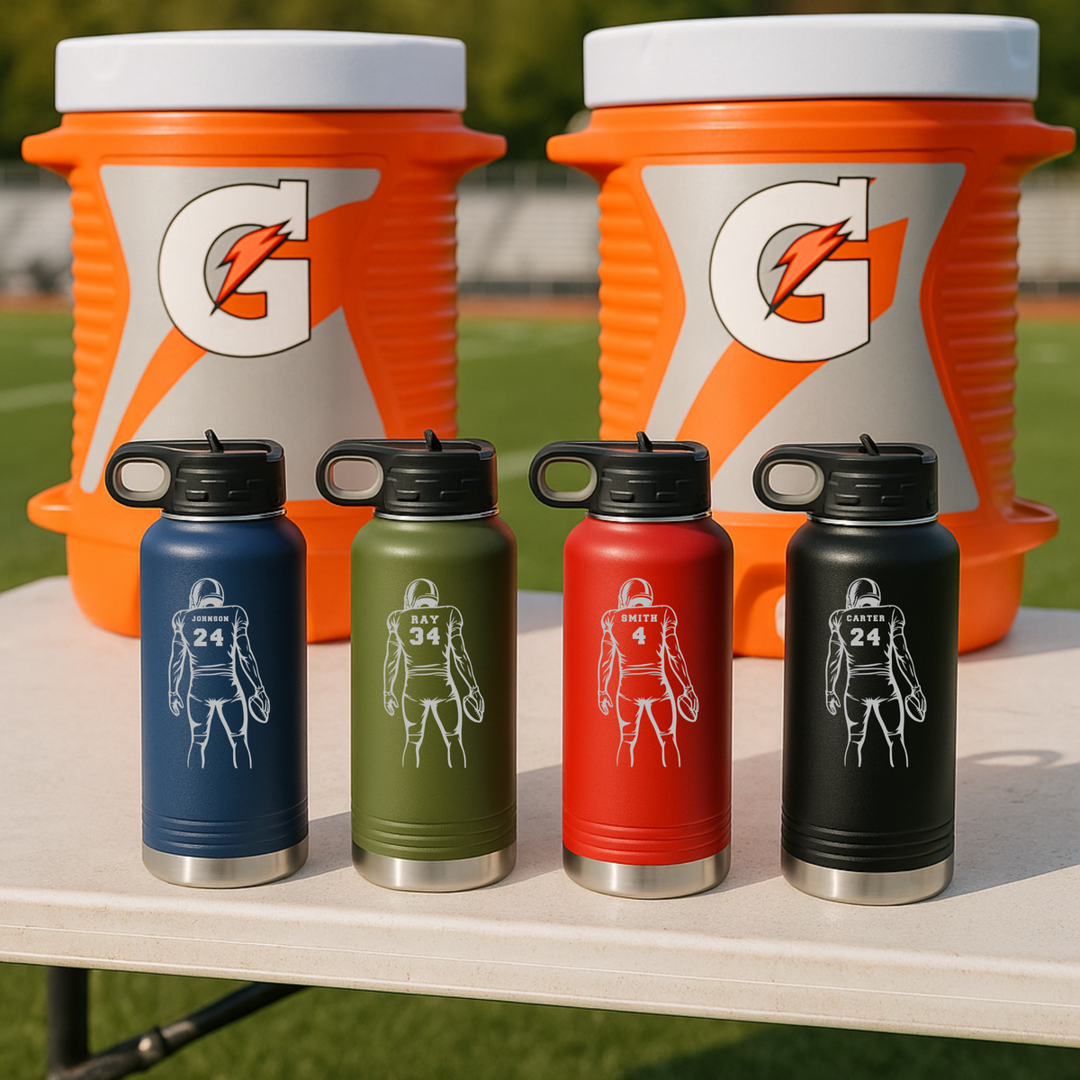 Personalized football player water bottle, a 32oz insulated stainless steel bottle engraved with his name and number in a bold football player design