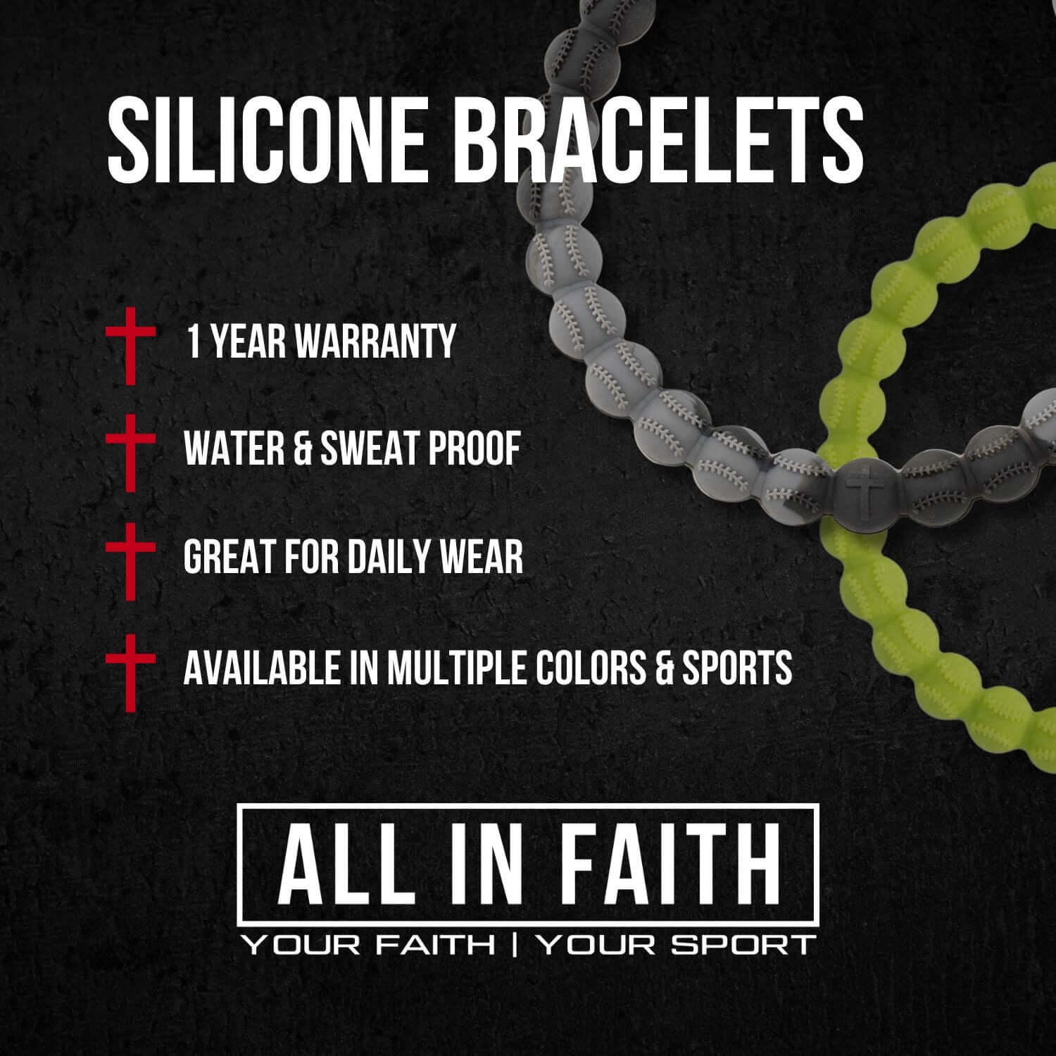 Black and grey baseball bracelet with cross bead, durable silicone design.