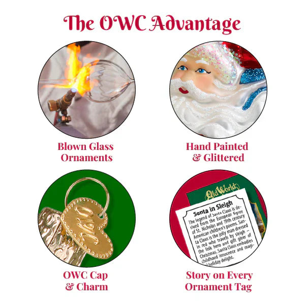Infographic showing four features of Old World Christmas ornaments: blown glass construction, hand-painted and glittered details, decorative cap and charm, and story tag included with each ornament
