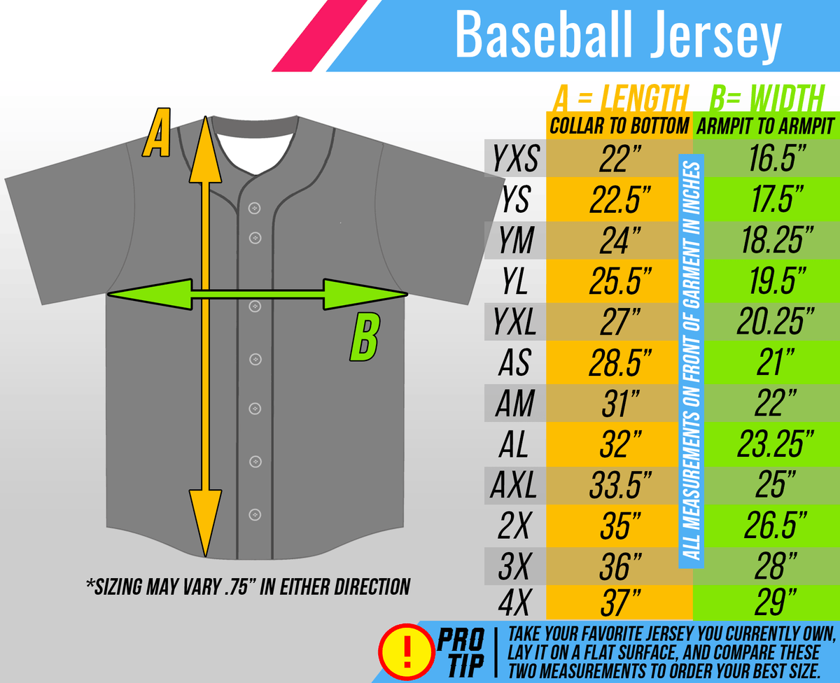 Baseball jersey sizing chart showing length and width measurements for sizes YXS through 4X, with diagram indicating measurement points from collar to bottom and armpit to armpit.