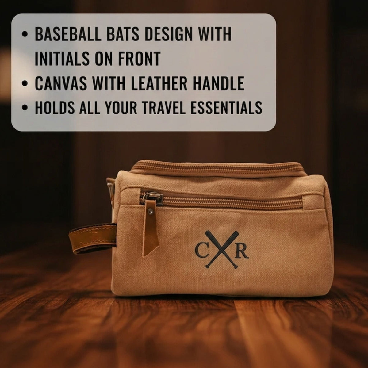 Khaki senior baseball toiletry bag with embroidered crossed bats and initials