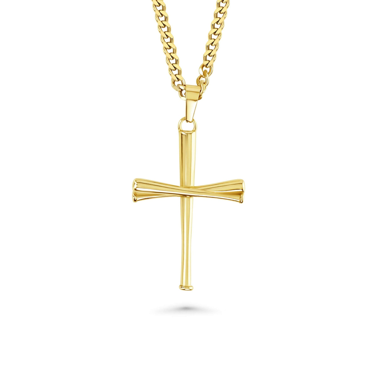 Gold-tone baseball-bat cross pendant on a Cuban link chain — three bats forming a cross — shot on a white background