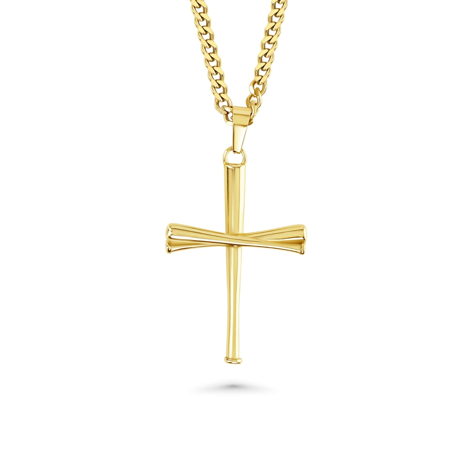 Gold-tone baseball-bat cross pendant on a Cuban link chain — three bats forming a cross — shot on a white background