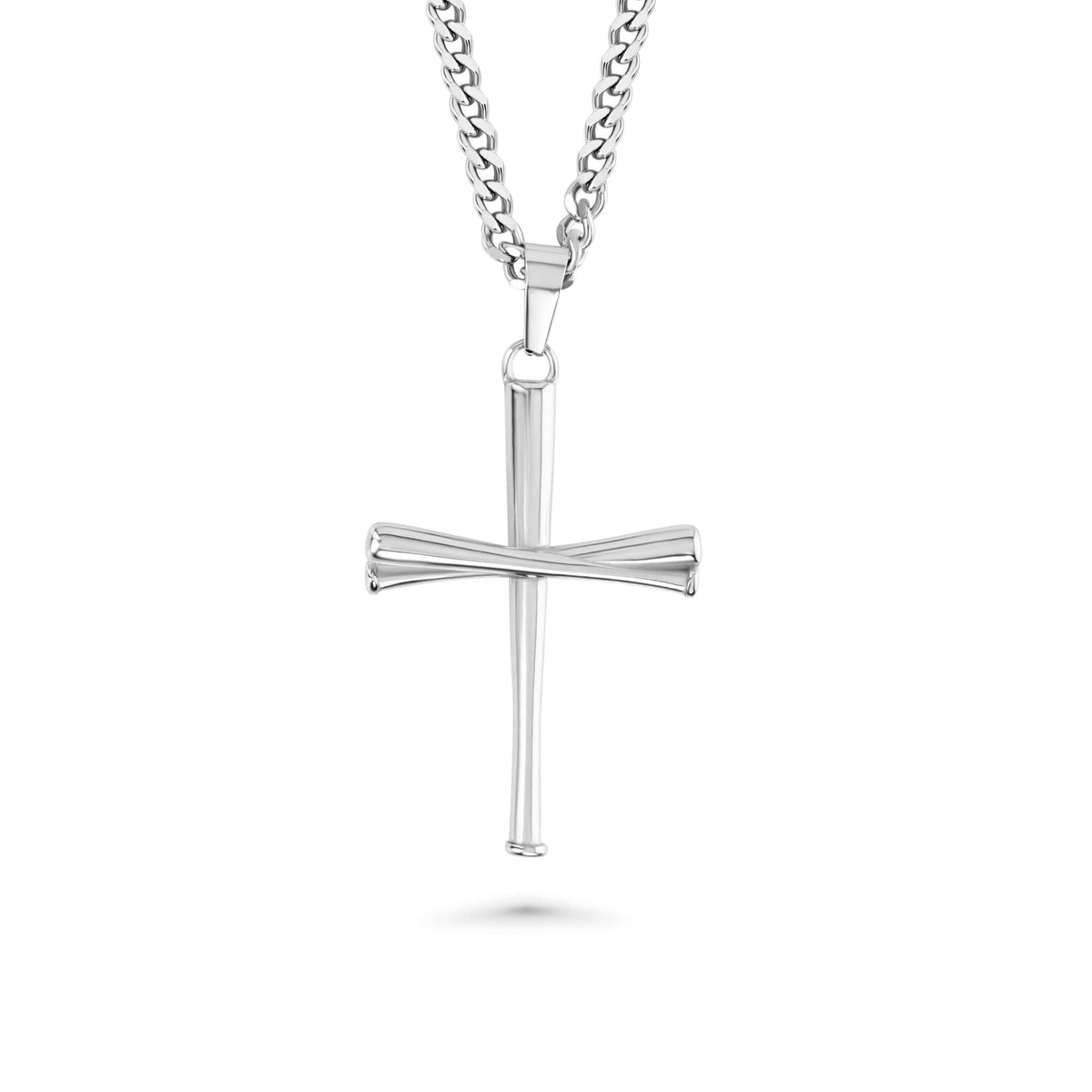 Silver stainless steel baseball-bat cross pendant on a curb chain, showing the three-bat cross design on a white background