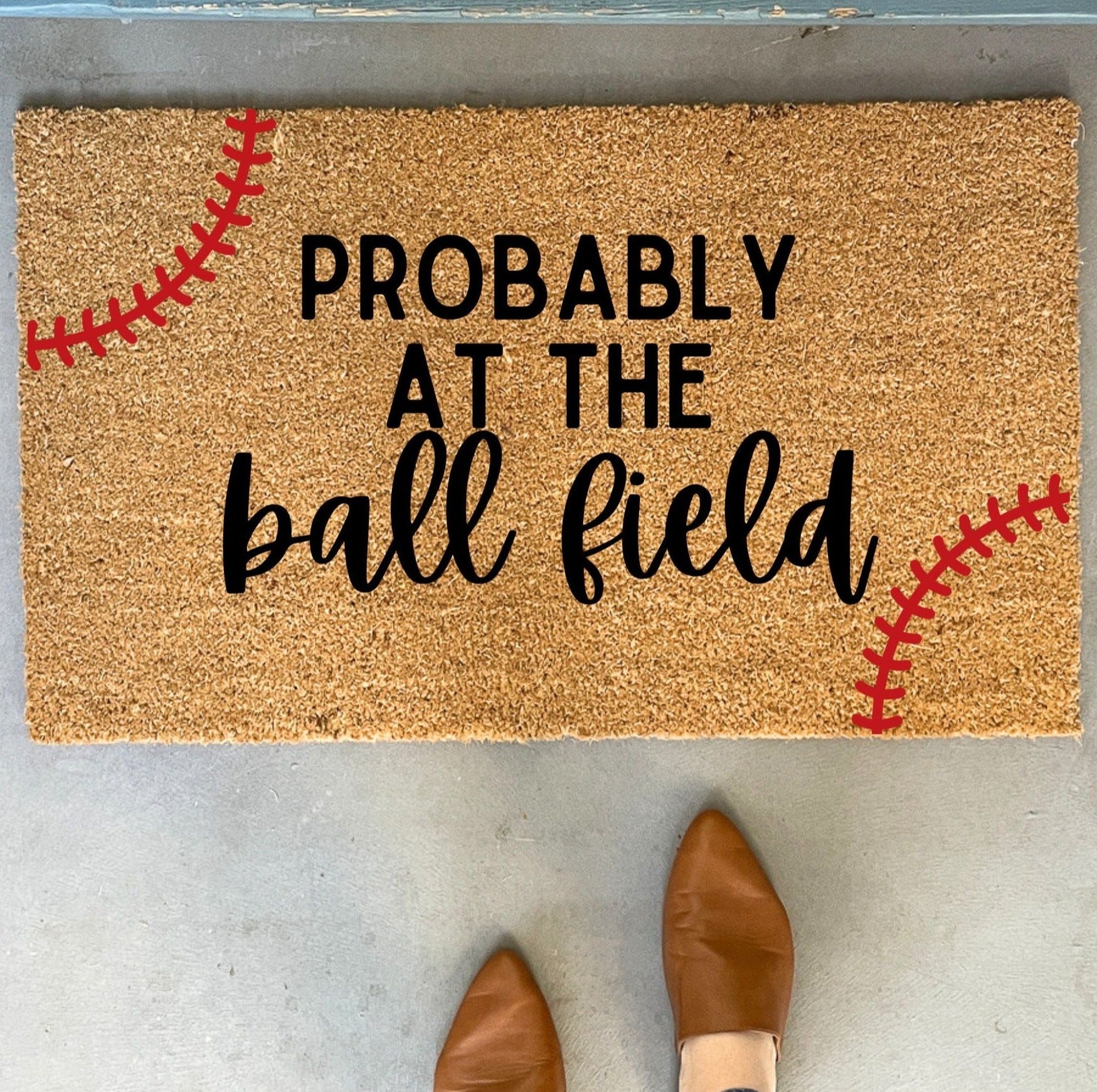 Probably at the Ball Field baseball doormat with bold black lettering on natural coir mat, ideal for baseball lovers

