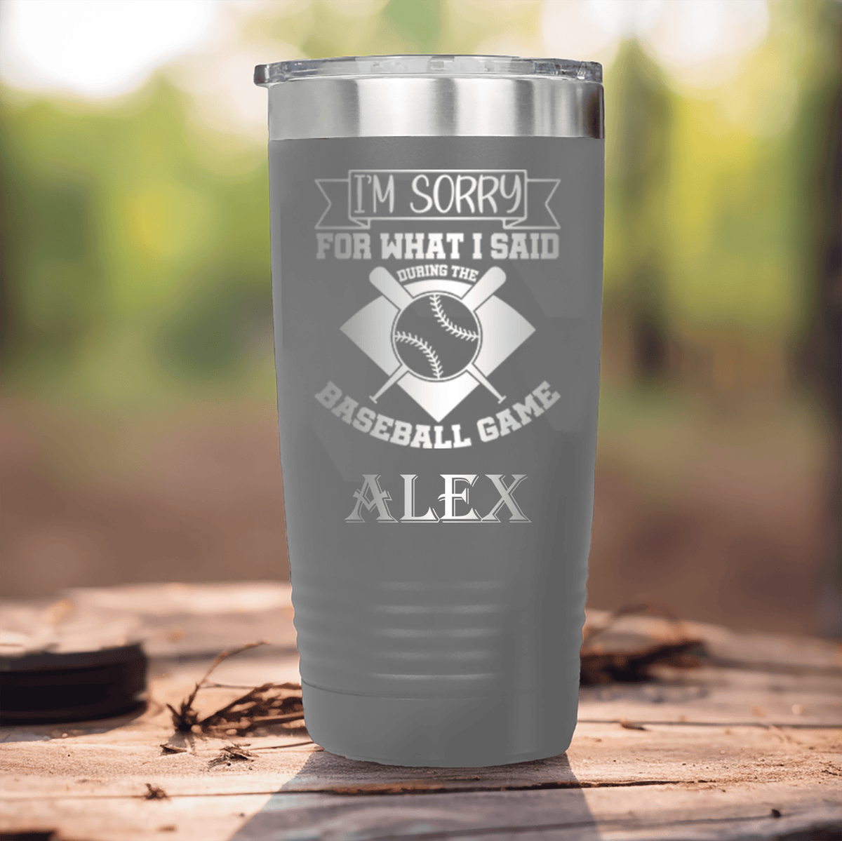 Grey Baseball Tumbler With Baseball Game Day Regrets Design