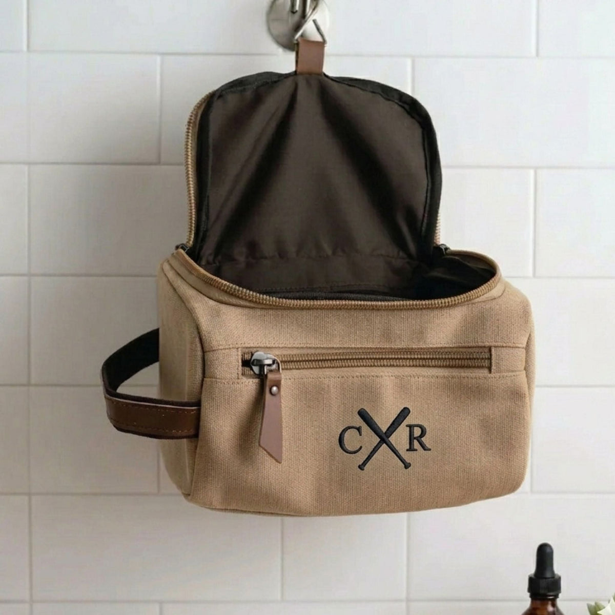 Personalized senior baseball toiletry bag and dopp kit, embroidered crossed bats